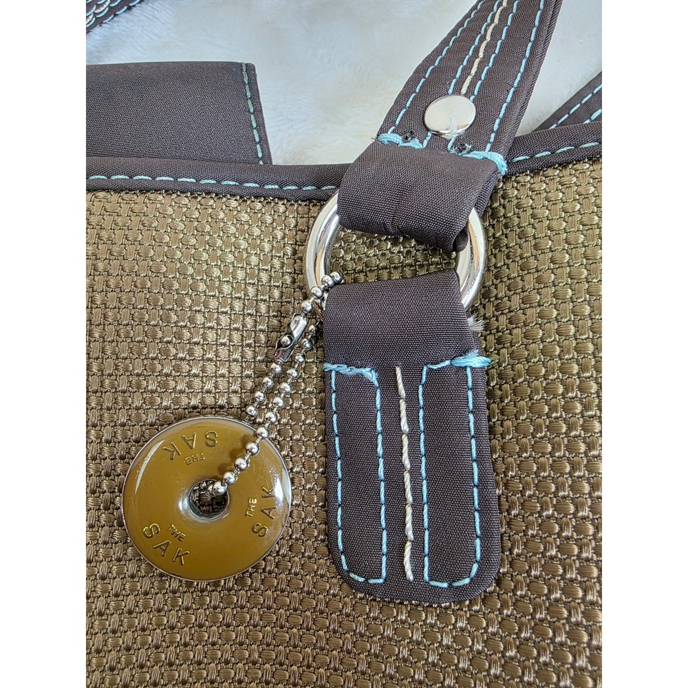 The Sak Woven Metallic Bronze Tote Bag Brown Trim Blue‎ Stitching - Picture 7 of 14